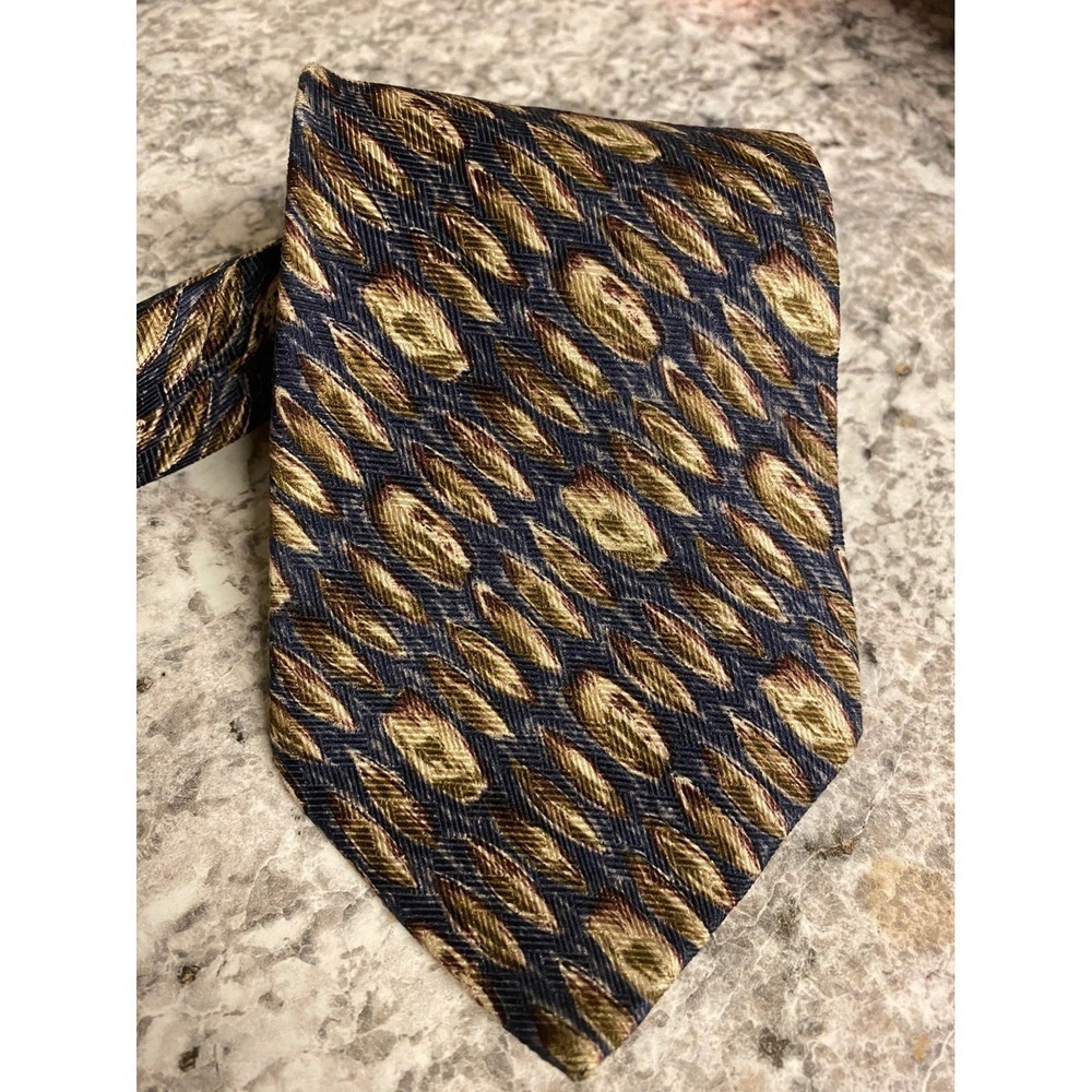 Bellini New York Milan Mens Silk Tie Gold Navy Blue Geometric Pattern Necktie